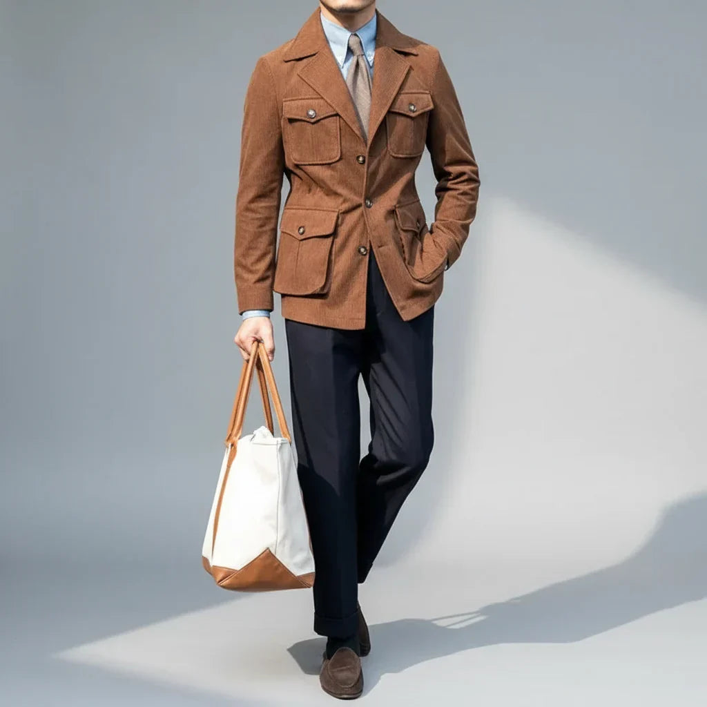 Elegant men's herringbone blazer with striking gold buttons, offering a sophisticated look for any smart occasion.
