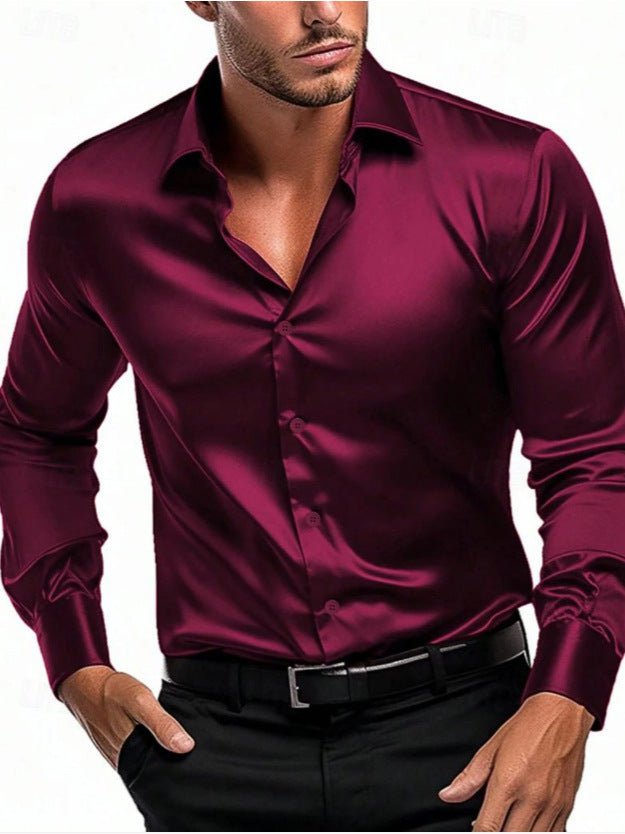 Men's elegant long-sleeve satin sheen dress shirt with a sophisticated Italian collar. Ideal for formal wear.