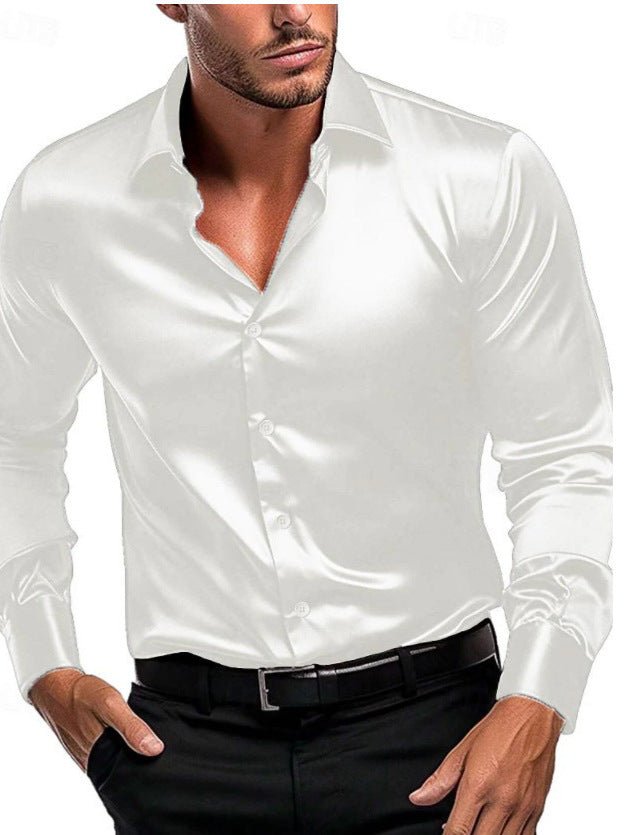 Sophisticated men's timeless long-sleeve shirt. Satin sheen fabric, elegant Italian collar. Business & formal attire.