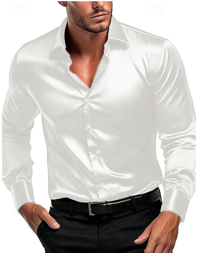Close-up of elegant men's long-sleeve satin sheen dress shirt, highlighting the stylish Italian collar detail.