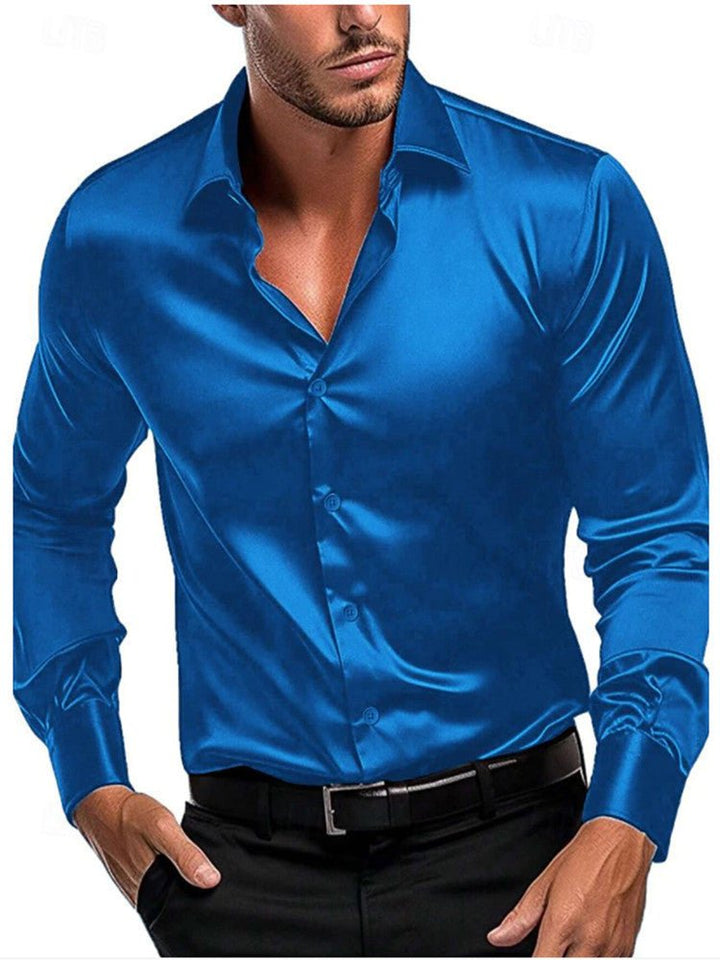 Men's sophisticated long-sleeve shirt with satin sheen. Italian collar adds a refined touch to business attire.