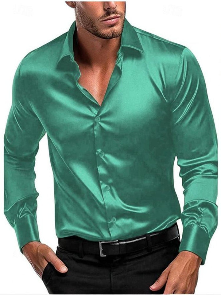 Elegant men's satin sheen long-sleeve top, perfect for formal events. Features a distinct, timeless Italian collar.