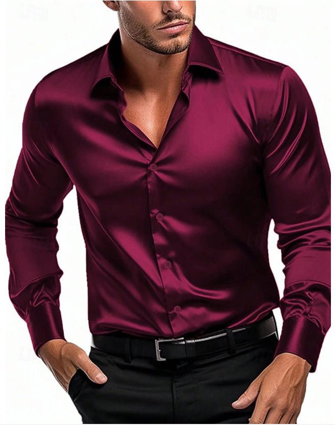 Stylish men's dress shirt with a sleek satin sheen finish. Long-sleeve design & classic Italian collar for elegance.