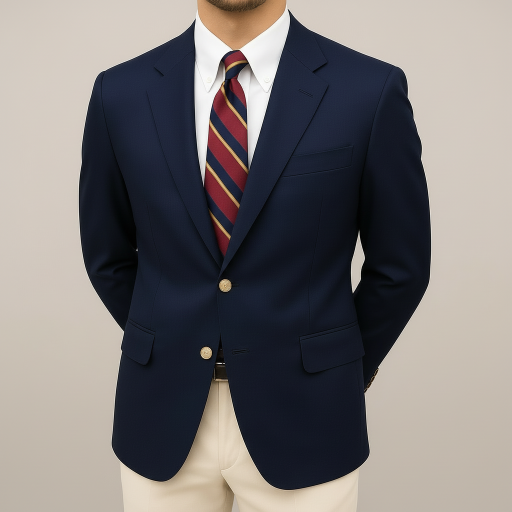 Men's elegant navy blazer with classic notch lapel & gold buttons. Ideal for formal, business, or smart casual wear.