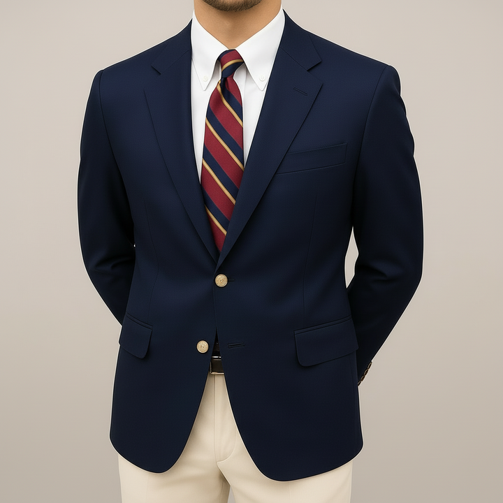 Men's elegant navy blazer with classic notch lapel & gold buttons. Ideal for formal, business, or smart casual wear.