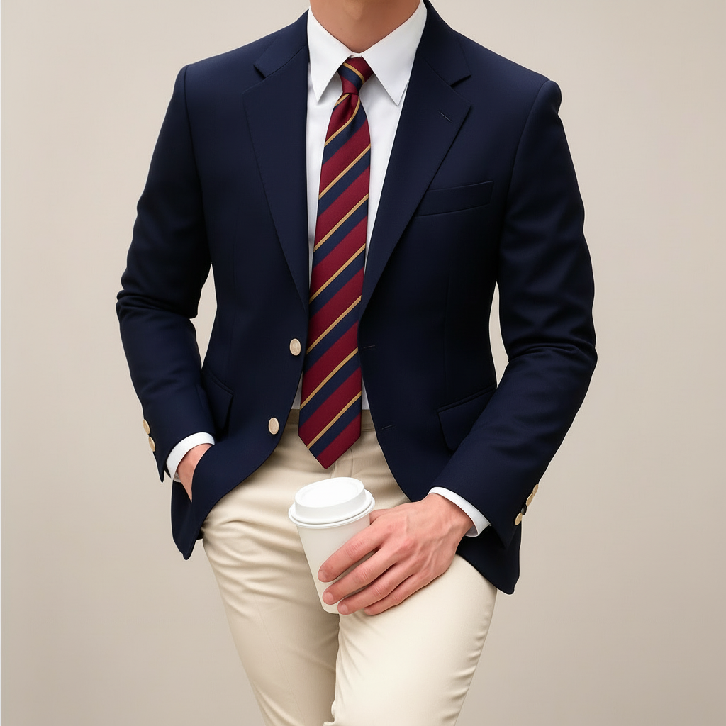 Classic men's navy blazer jacket featuring stylish gold buttons & a sharp notch lapel. Perfect for versatile styling.