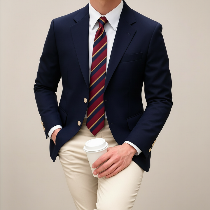 Classic men's navy blazer jacket featuring stylish gold buttons & a sharp notch lapel. Perfect for versatile styling.