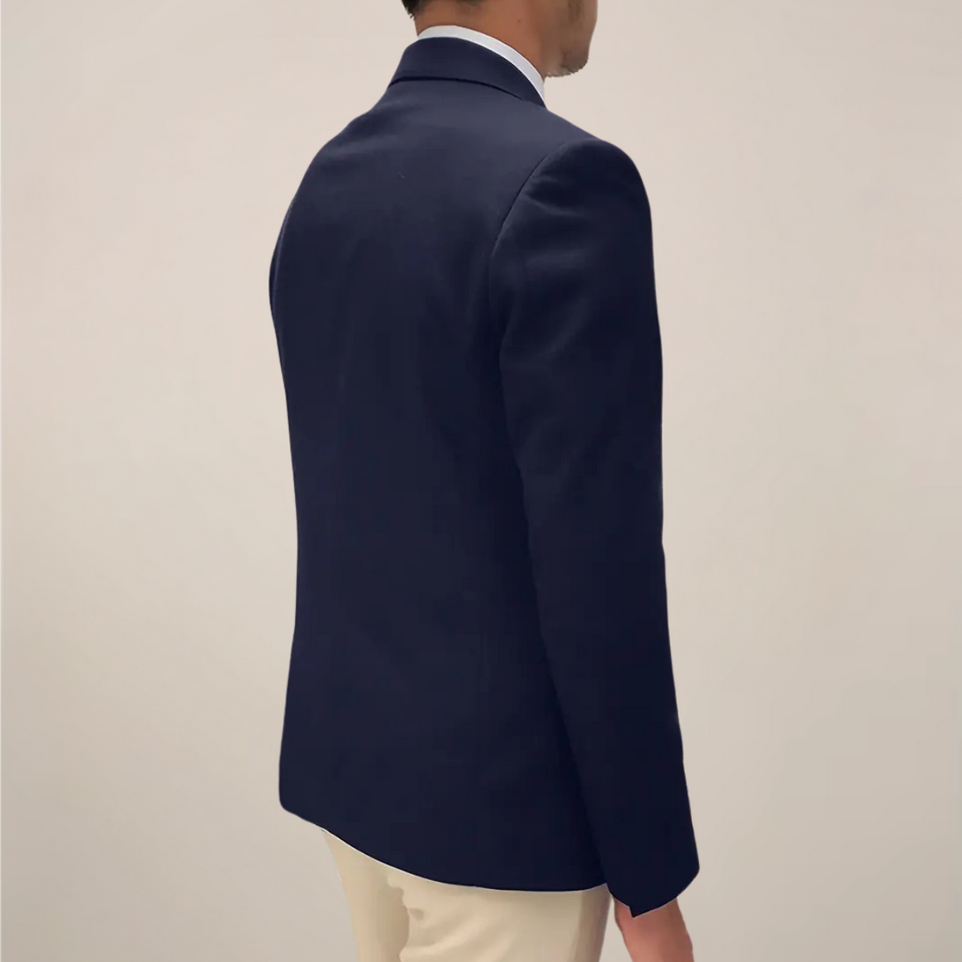 Sophisticated men's navy blazer with a timeless design, prominent gold buttons, and a sleek notch lapel for men.