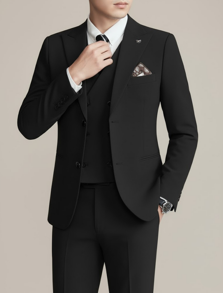 Men's elegant navy three-piece suit, slim fit, tailored for formal wear, weddings, or business events.