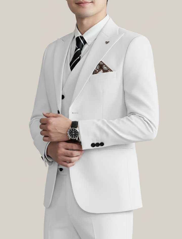 Sharp men's slim fit three-piece suit in charcoal, perfect for wedding, gala, or special occasion.