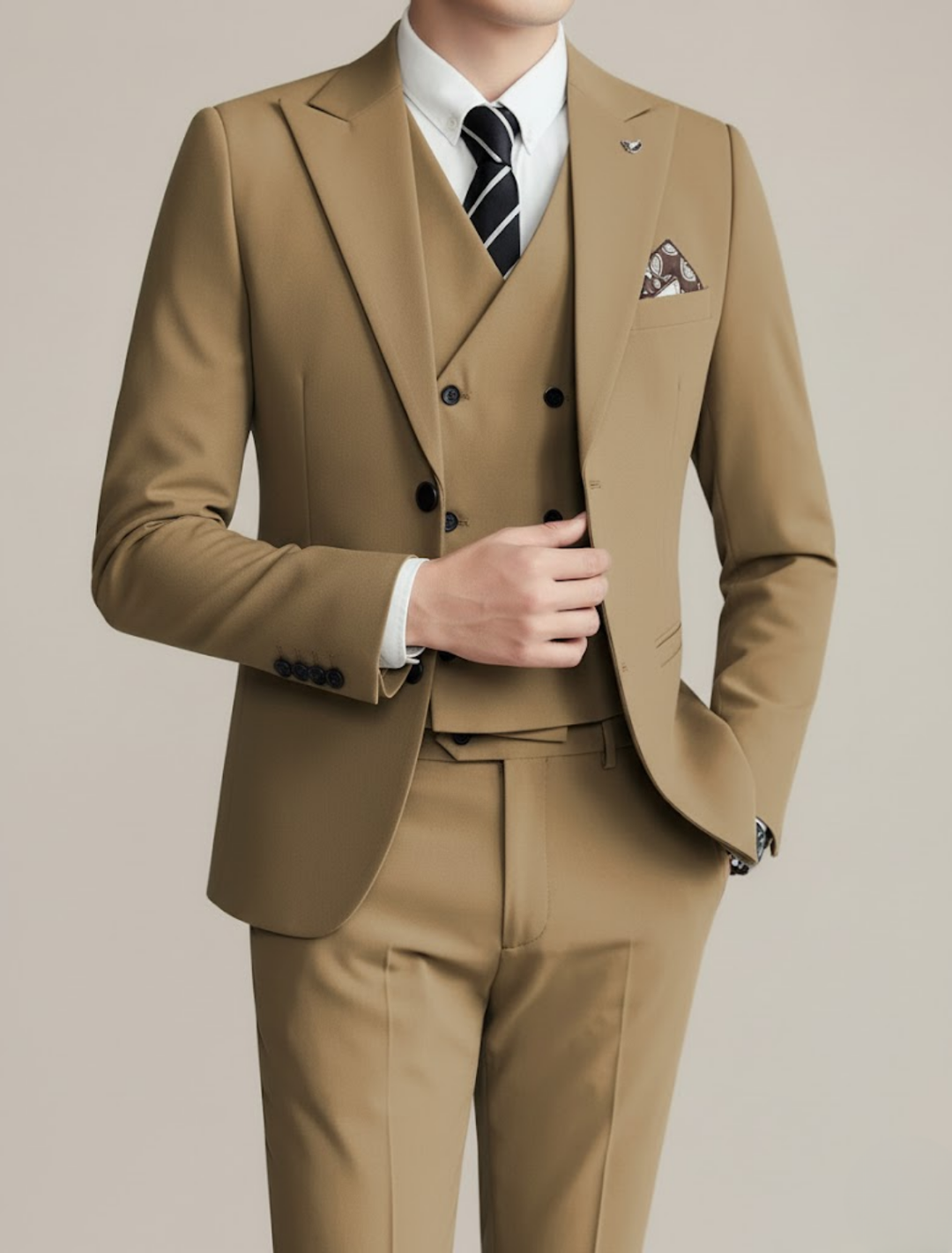 Stylish men's tailored three-piece suit, slim fit, ideal for formal business, event, or wedding attire.