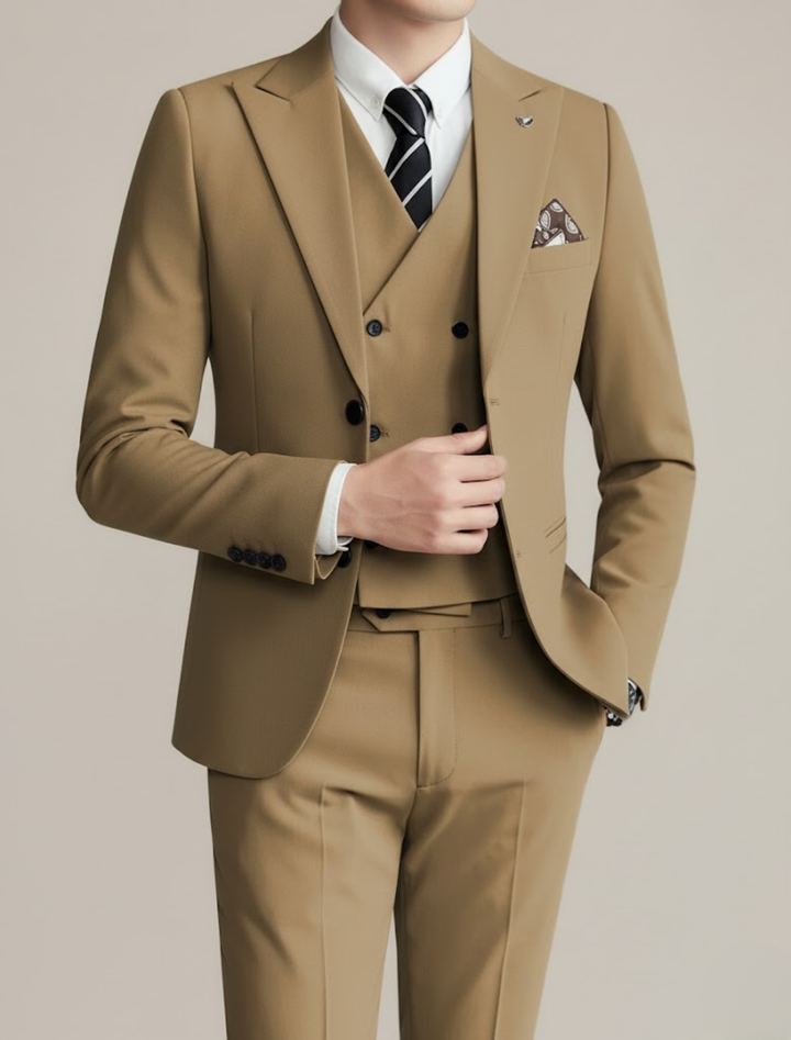 Stylish men's tailored three-piece suit, slim fit, ideal for formal business, event, or wedding attire.