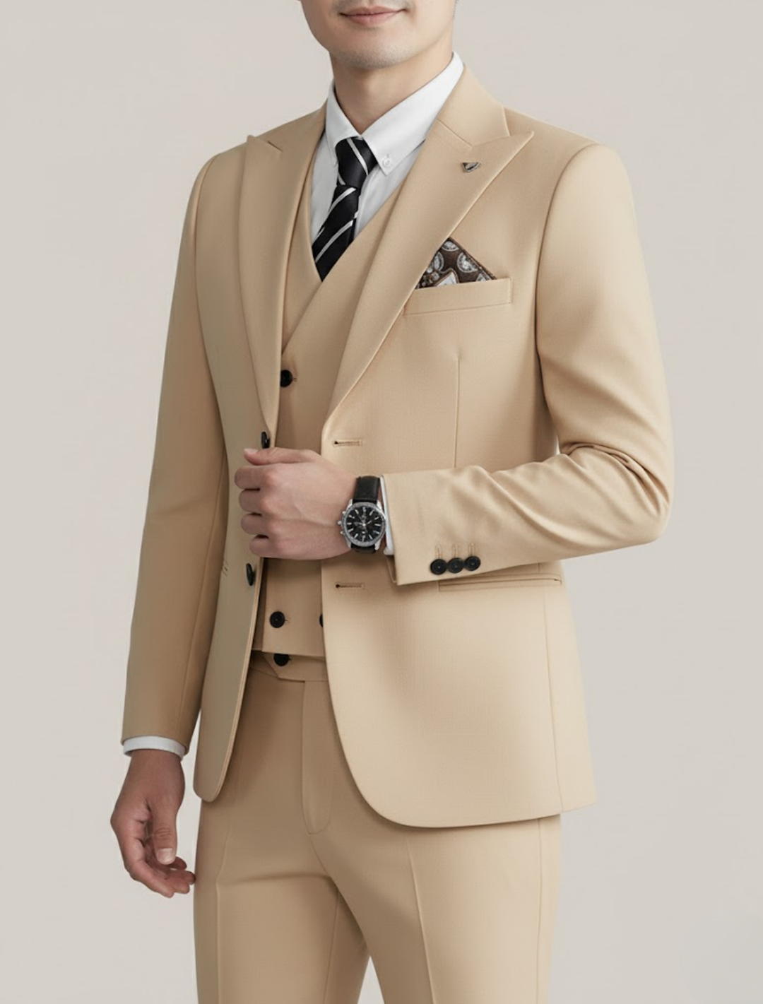 Classic black men's three-piece suit, slim fit, versatile for formal events, business, and wedding guests.