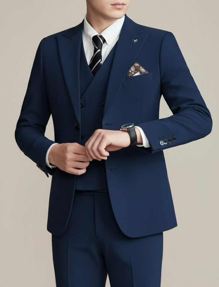 Sophisticated men's elegant three-piece suit for formal events, galas, weddings, and business occasions.