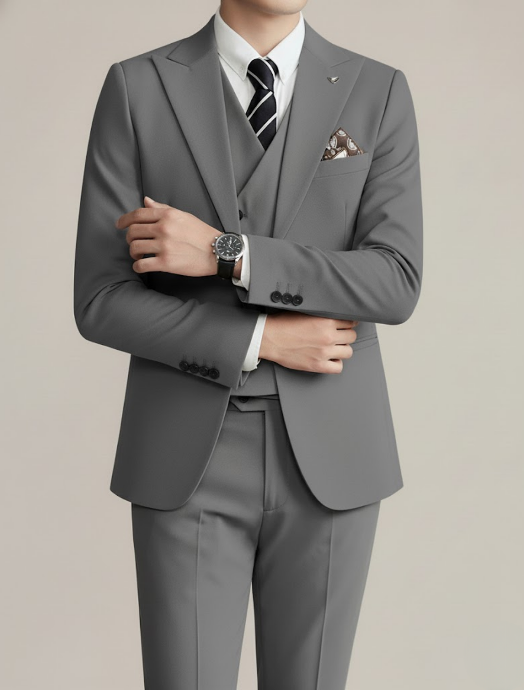 Modern men's three-piece suit, slim fit & tailored, perfect for fashion-forward formal wear & special occasions.