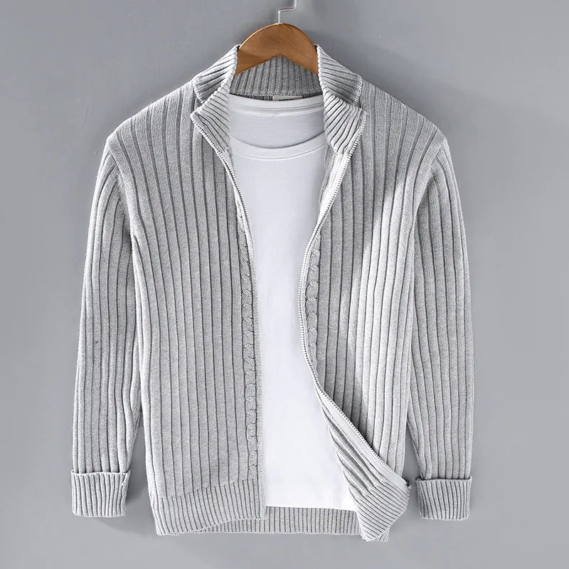 Men's elegant ribbed knit quarter zip pullover sweater in classic old money style, premium cotton for comfort.