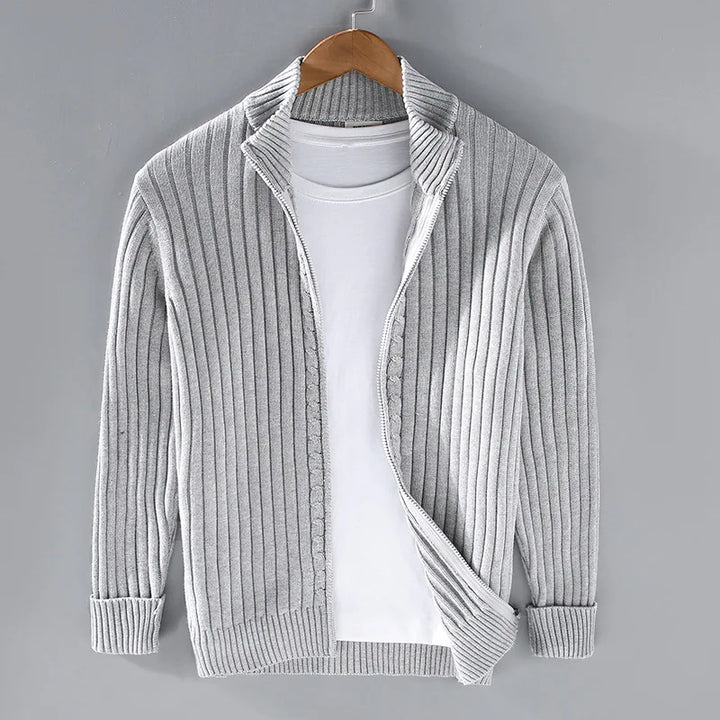 Men's elegant ribbed knit quarter zip pullover sweater in classic old money style, premium cotton for comfort.