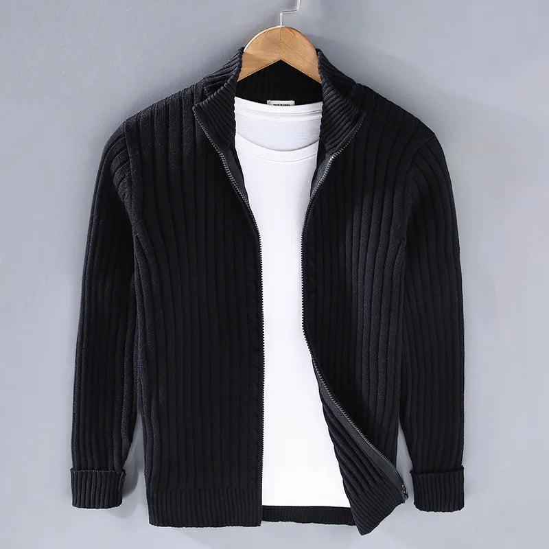 Stylish men's ribbed cotton quarter zip sweater, a versatile pullover for elegant casual wear and layering.