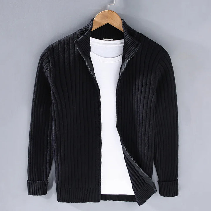 Stylish men's ribbed cotton quarter zip sweater, a versatile pullover for elegant casual wear and layering.