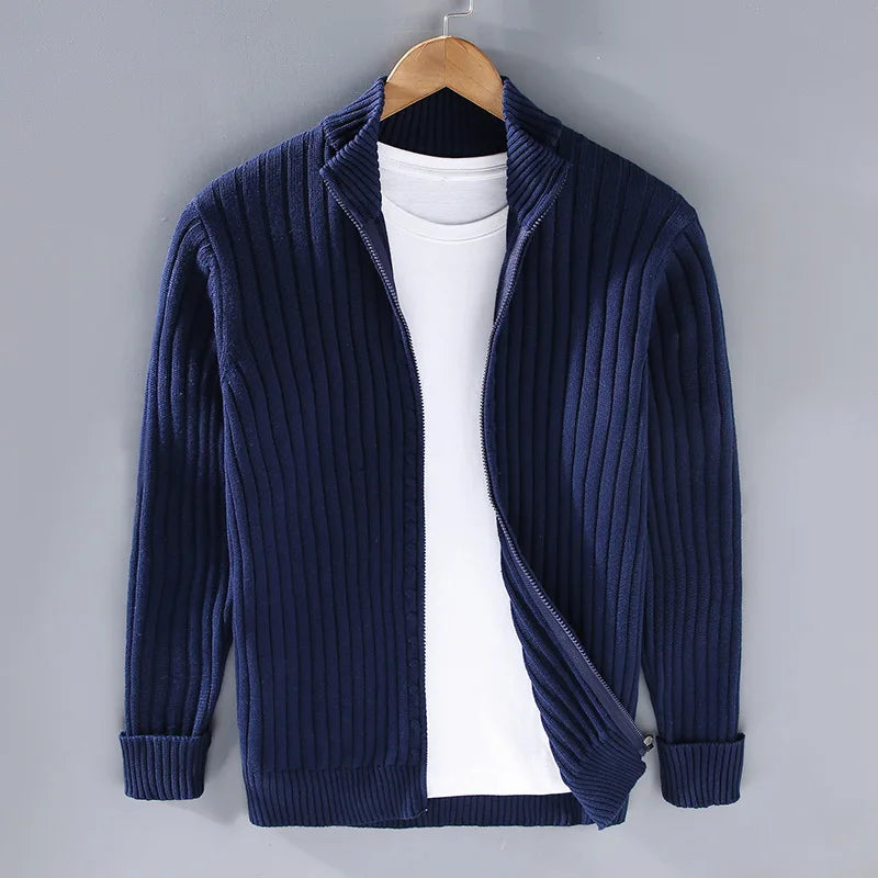 Full view of men's old money style ribbed knit quarter zip pullover sweater, crafted from comfortable cotton.