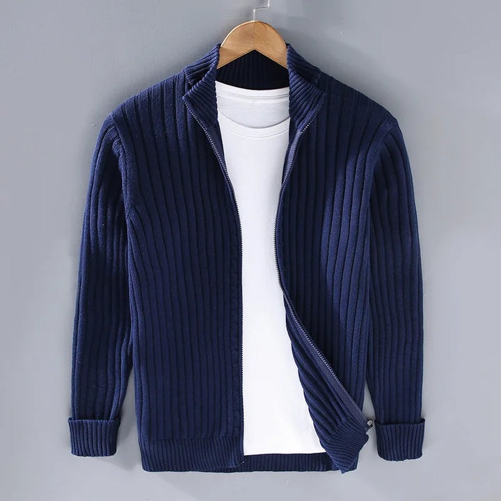 Full view of men's old money style ribbed knit quarter zip pullover sweater, crafted from comfortable cotton.