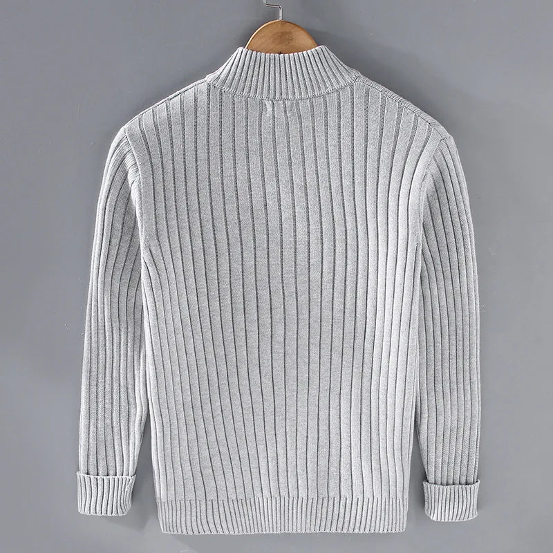 Men's luxurious ribbed quarter zip pullover sweater, perfect for achieving an old money aesthetic, breathable cotton.