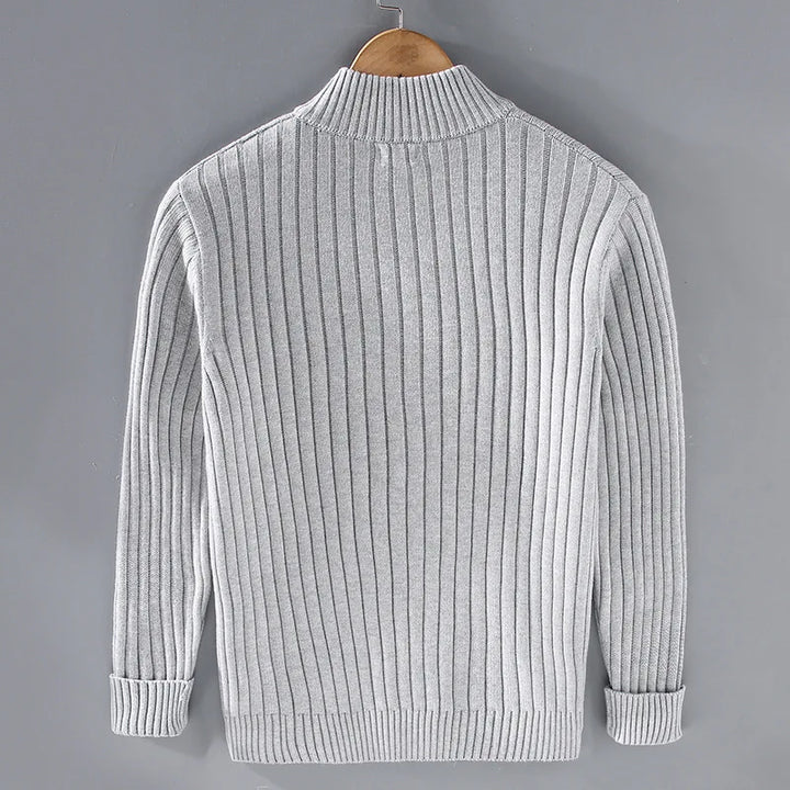 Men's luxurious ribbed quarter zip pullover sweater, perfect for achieving an old money aesthetic, breathable cotton.
