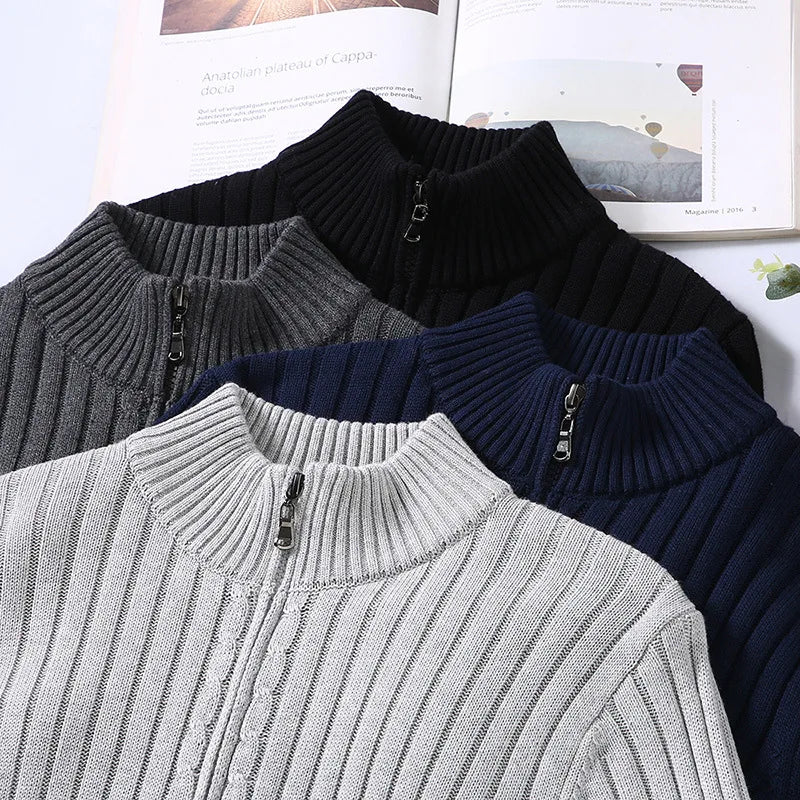 Classic men's ribbed quarter zip pullover sweater in an old money style, made from soft cotton for timeless elegance.