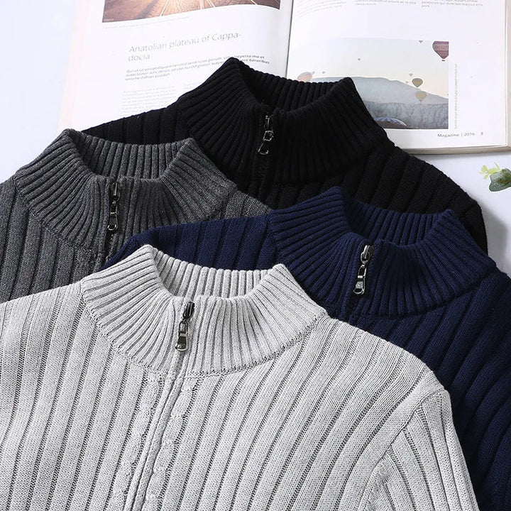 Classic men's ribbed quarter zip pullover sweater in an old money style, made from soft cotton for timeless elegance.