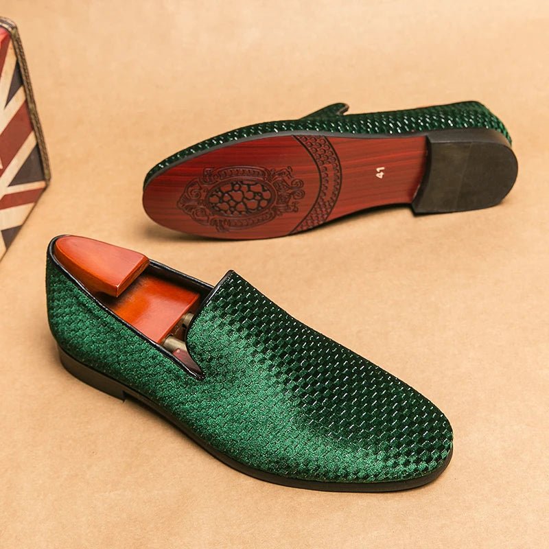 Men's elegant slip-on loafers. Luxurious woven velvet design, perfect for formal or stylish casual wear.