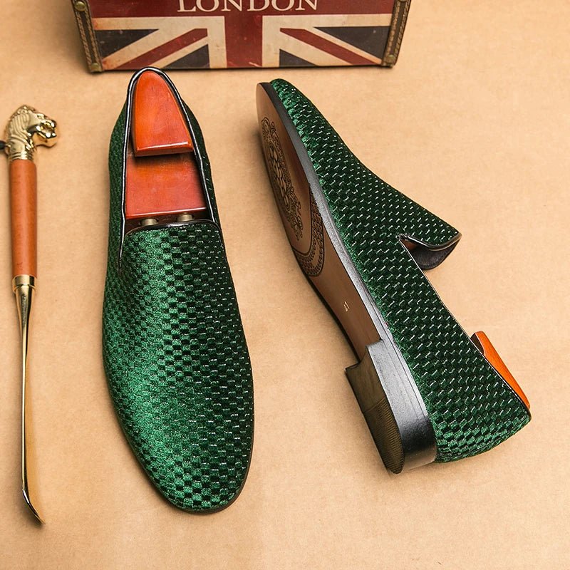 Stylish men's velvet slip-on loafers. Woven pattern for sophisticated formal or comfortable casual footwear.
