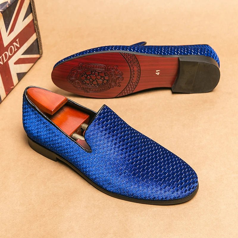 Sophisticated men's slip-on loafers featuring a unique woven velvet design, ideal for dressy or casual outfits.