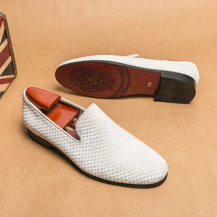Modern men's slip-on loafers. Stylish woven velvet design offers a polished, comfortable formal/casual look.
