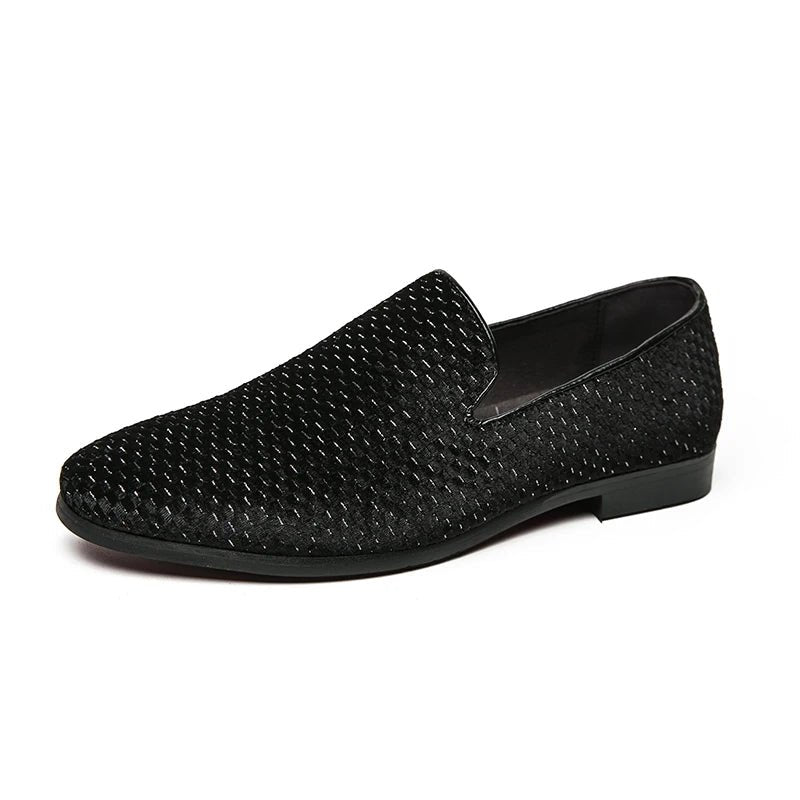 Men's formal slip-on loafers with an intricate woven velvet pattern. Comfortable and fashionable dress shoes.