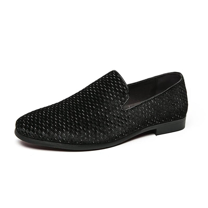 Men's formal slip-on loafers with an intricate woven velvet pattern. Comfortable and fashionable dress shoes.