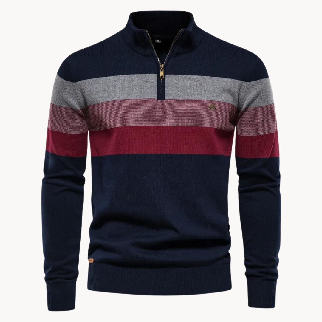 Men's elegant striped half-zip sweater for fall & winter. Warm long-sleeve casual pullover.