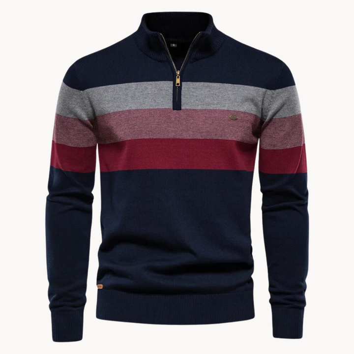 Men's elegant striped half-zip sweater for fall & winter. Warm long-sleeve casual pullover.