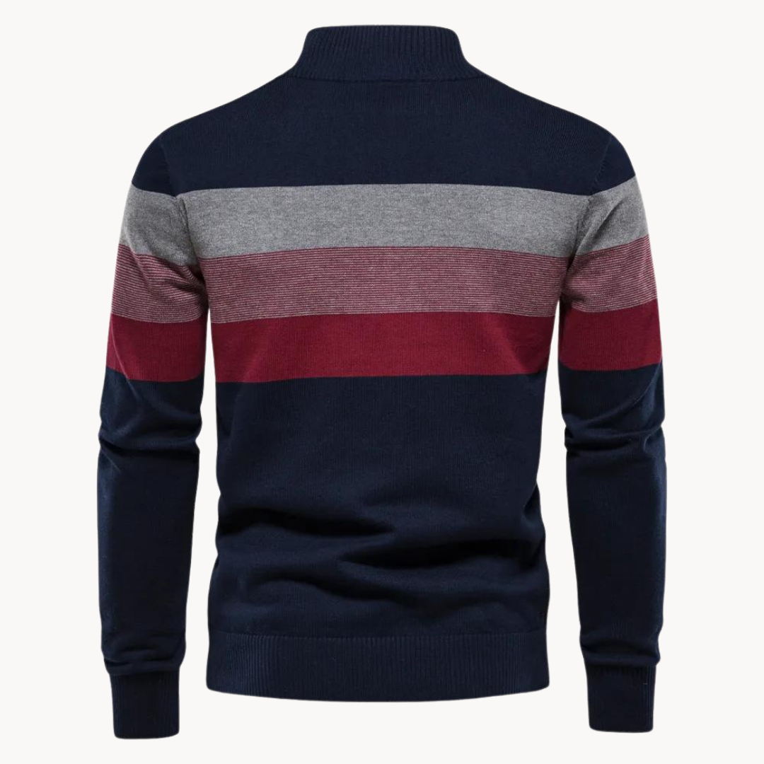 Stylish men's striped half-zip sweater. Perfect for a layered fall fashion look. Warm casual menswear.