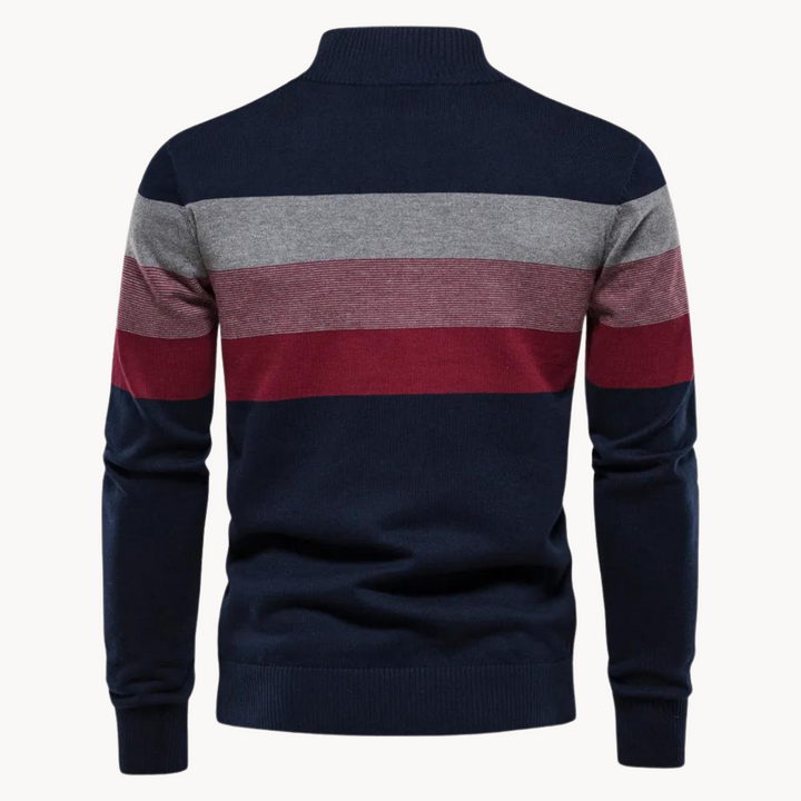 Stylish men's striped half-zip sweater. Perfect for a layered fall fashion look. Warm casual menswear.