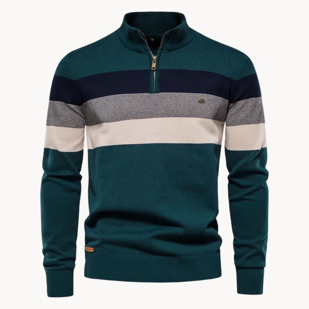 Warm men's striped half-zip pullover. Ideal long-sleeve sweater for elegant fall and winter wear.