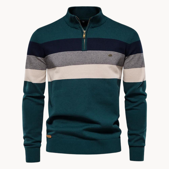 Warm men's striped half-zip pullover. Ideal long-sleeve sweater for elegant fall and winter wear.