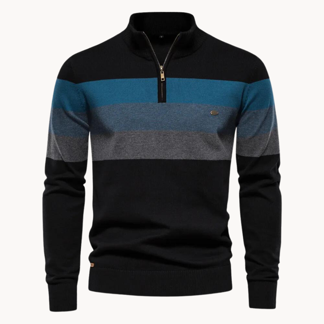 Designer-look men's striped half-zip cardigan-style sweater. Stylish casual pullover for winter fashion.