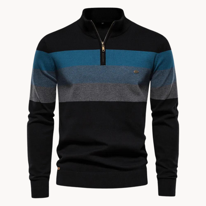 Designer-look men's striped half-zip cardigan-style sweater. Stylish casual pullover for winter fashion.
