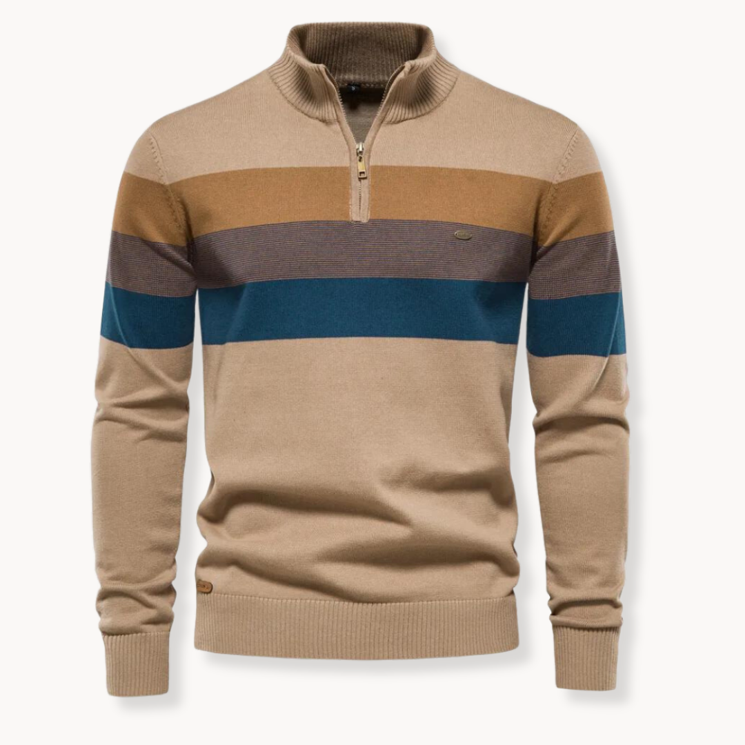 Comfortable men's striped half-zip sweater, a warm long-sleeve casual pullover perfect for fall menswear.