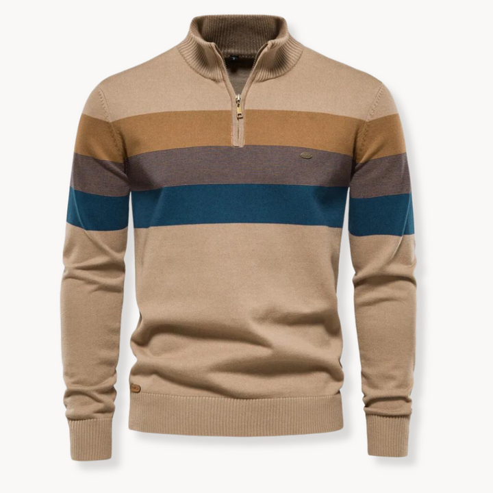 Comfortable men's striped half-zip sweater, a warm long-sleeve casual pullover perfect for fall menswear.