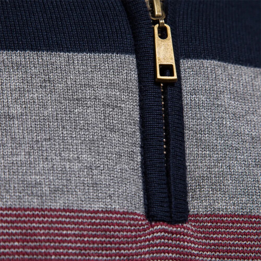 Versatile men's striped half-zip sweater. Essential fall & winter wear, great for a stylish layered look.