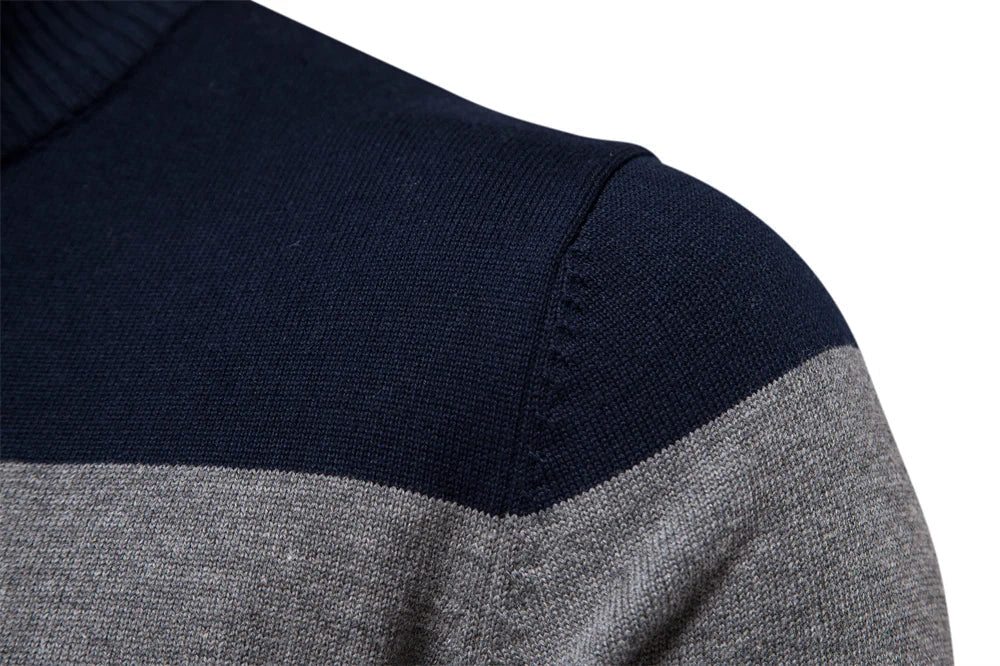 Elegant men's striped half-zip long-sleeve sweater. A warm casual pullover for refined fall & winter style.