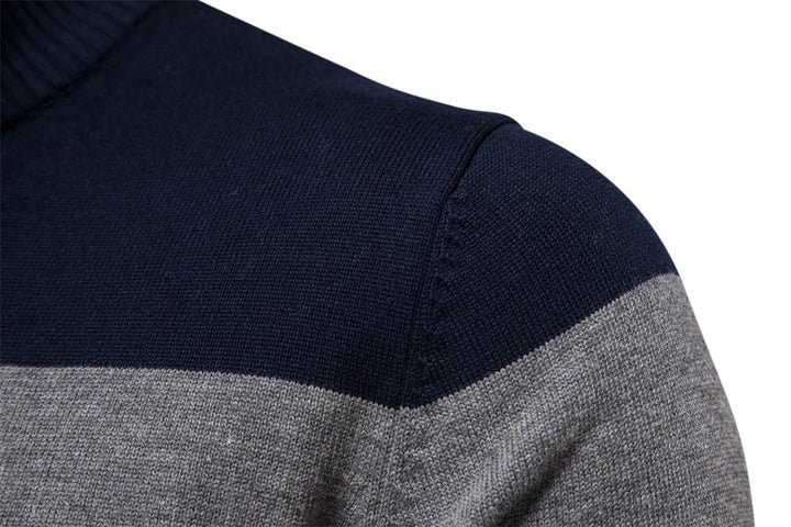 Elegant men's striped half-zip long-sleeve sweater. A warm casual pullover for refined fall & winter style.