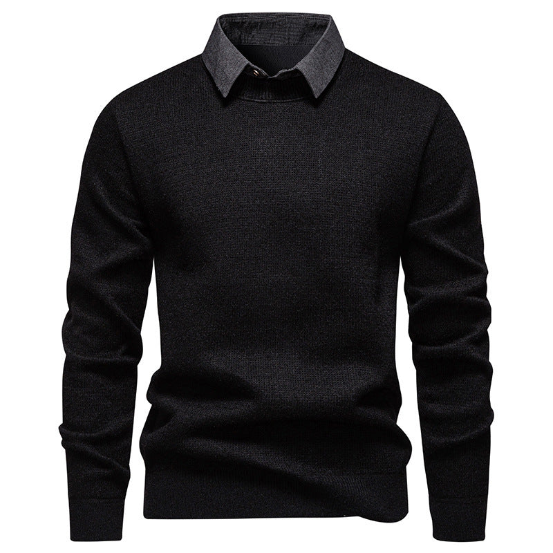Men's elegant textured knit sweater with a stylish layered collar for smart casual wear.