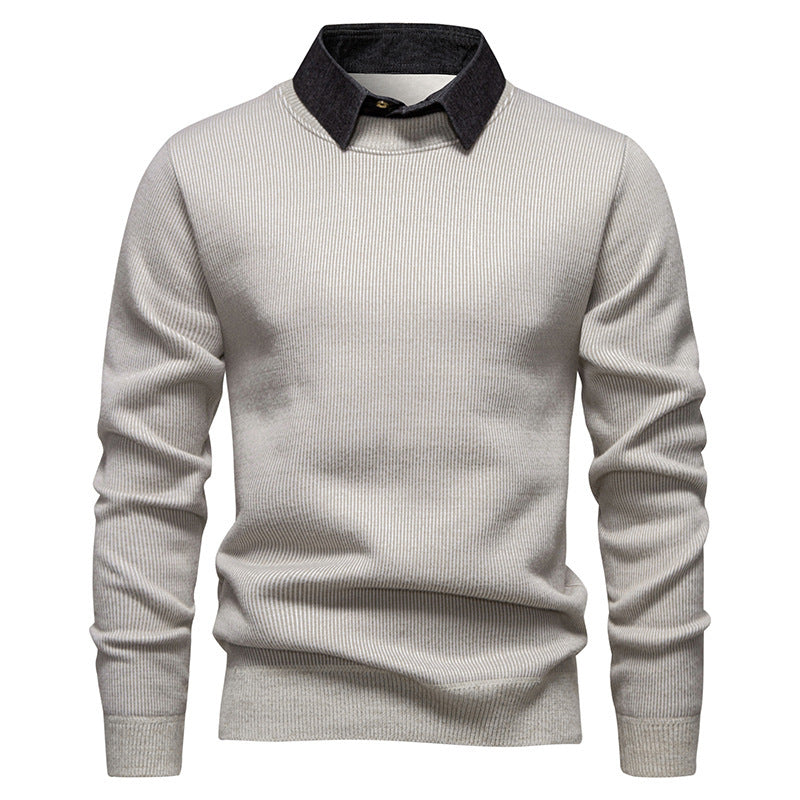 Comfortable men's long sleeve knitwear featuring a unique textured pattern and layered collar.